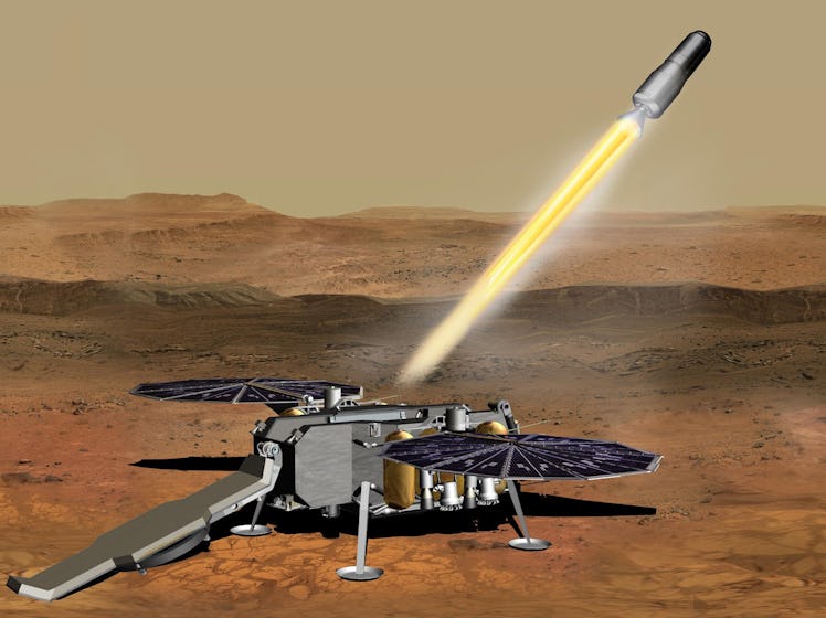 An illustration of the NASA Mars Ascent Vehicle on the surface of Mars.