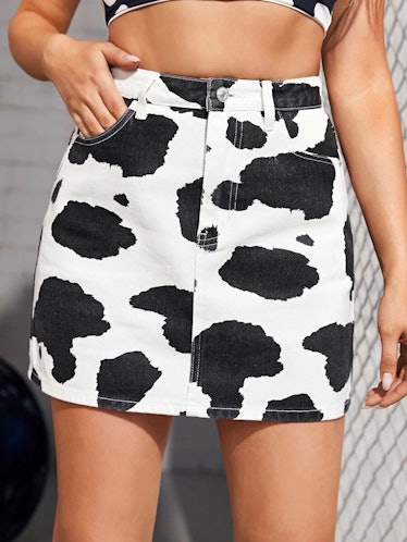 Romwe Cow Print High-Rise Mini Denim Skirt