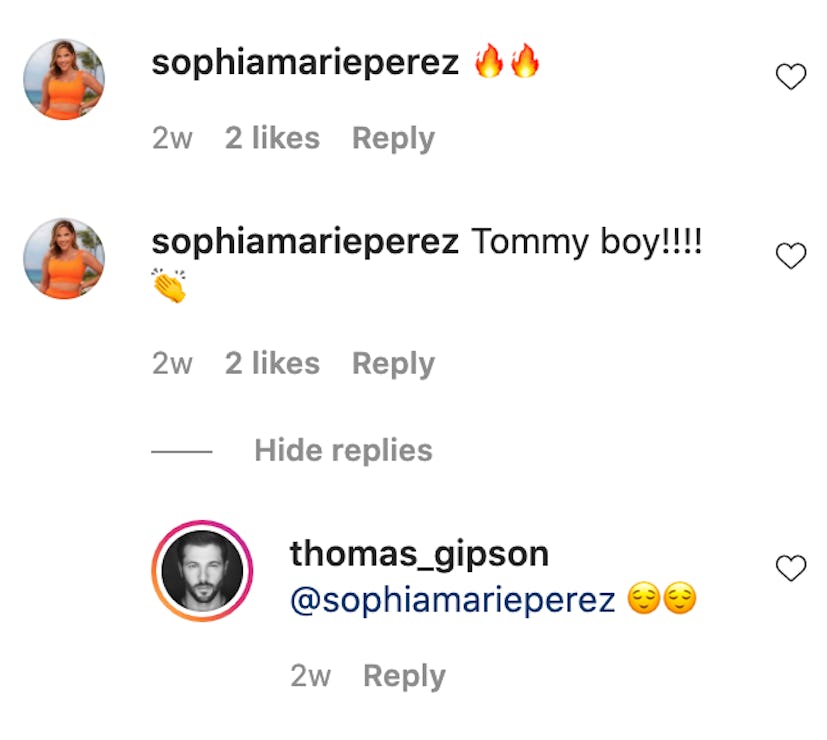 'Temptation Island' Season 3 star Sophia Perez leaves a flirtatious comment on Thomas Gipson's Insta...