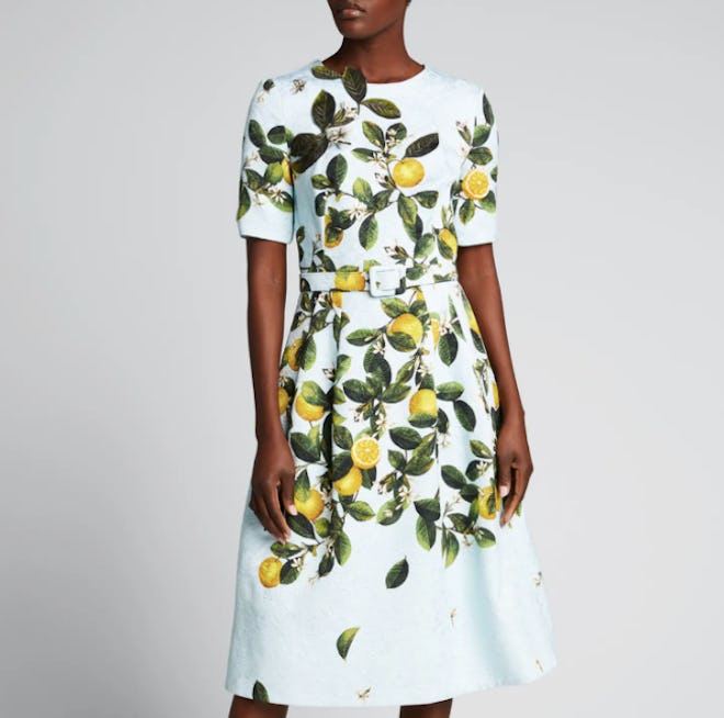 Oscar de la Renta Lemon-Print Belted Midi Dress
