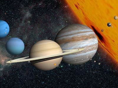 planets to scale in front of the Sun with some larger moons