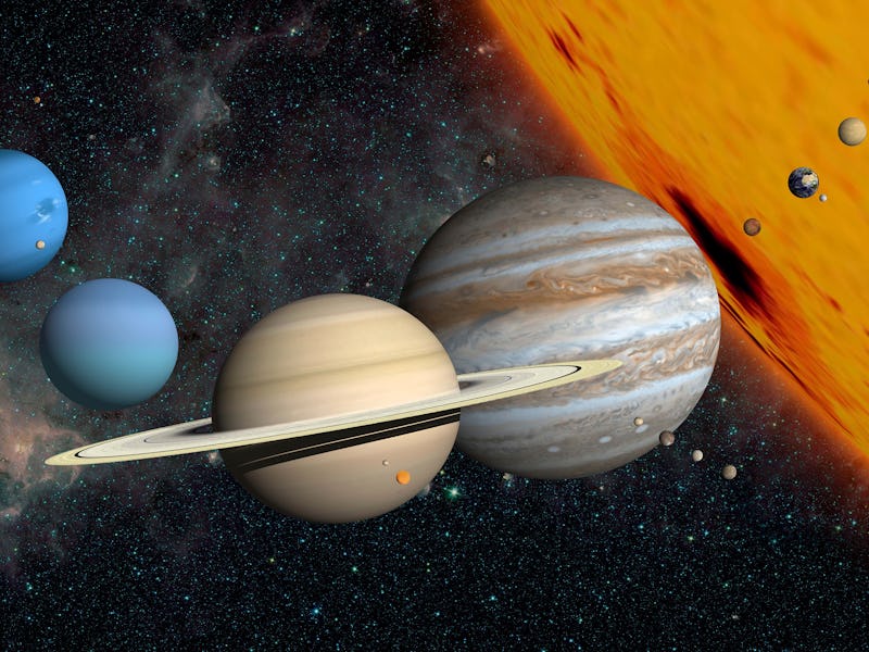 planets to scale in front of the Sun with some larger moons