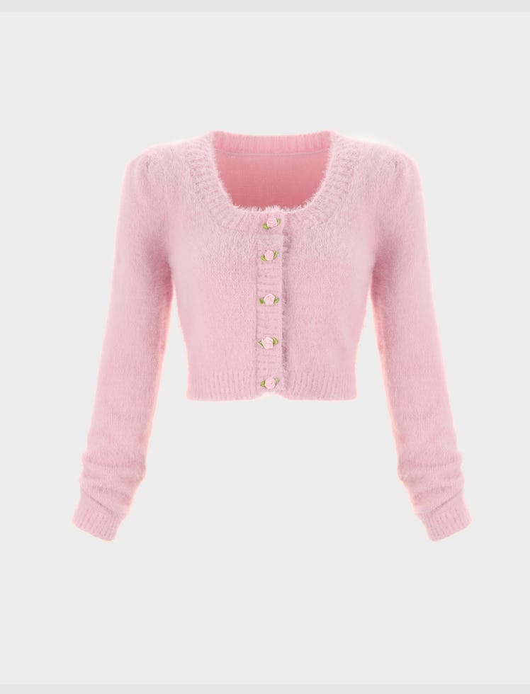 Cider Fuzzy Cardigan with Rose Button