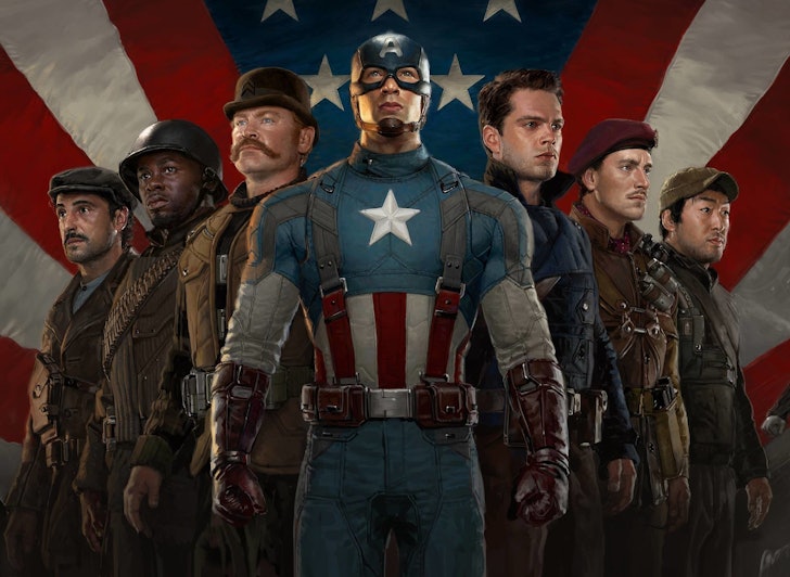 Персонажи из капитана Америки: первый Мститель, позирующий перед флагом США