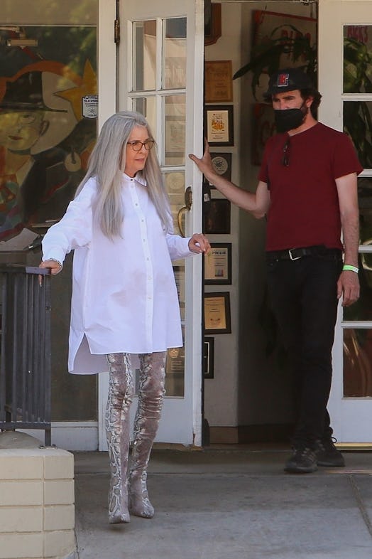 Actress Diane Keaton makes a fashion statement on the set of 'Mack & Rita' in Palm Springs.