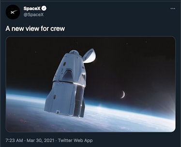 "a view for one" with a picture of the crew dragon