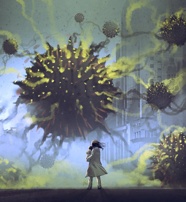 An abstract illustration of a mother holding a child and giant COVID-19 virus elements during the pa...
