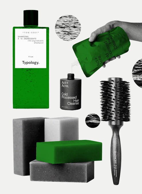 A collage with sustainable and Earth-friendly hair care products