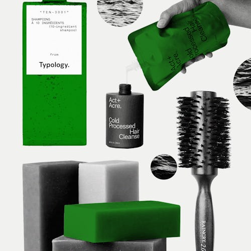 A collage with sustainable and Earth-friendly hair care products