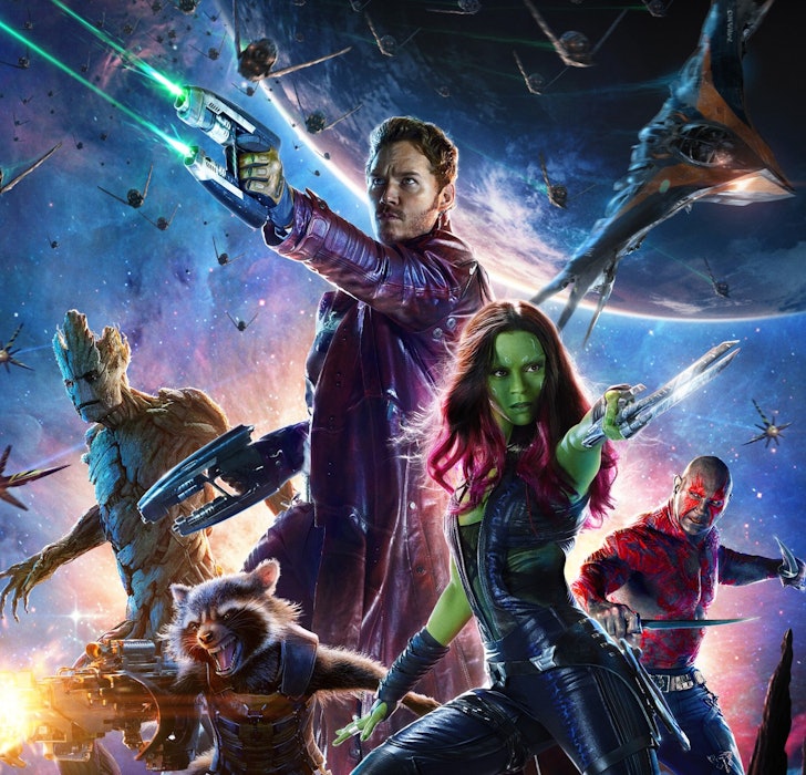 Główni bohaterowie pozowania broń wskazująca na kamerę od Guardians of the Galaxy