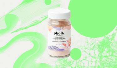 Pholk Beauty's GlowUp Mask With Apple and Hibiscus with pastel colors on the packaging and a white l...