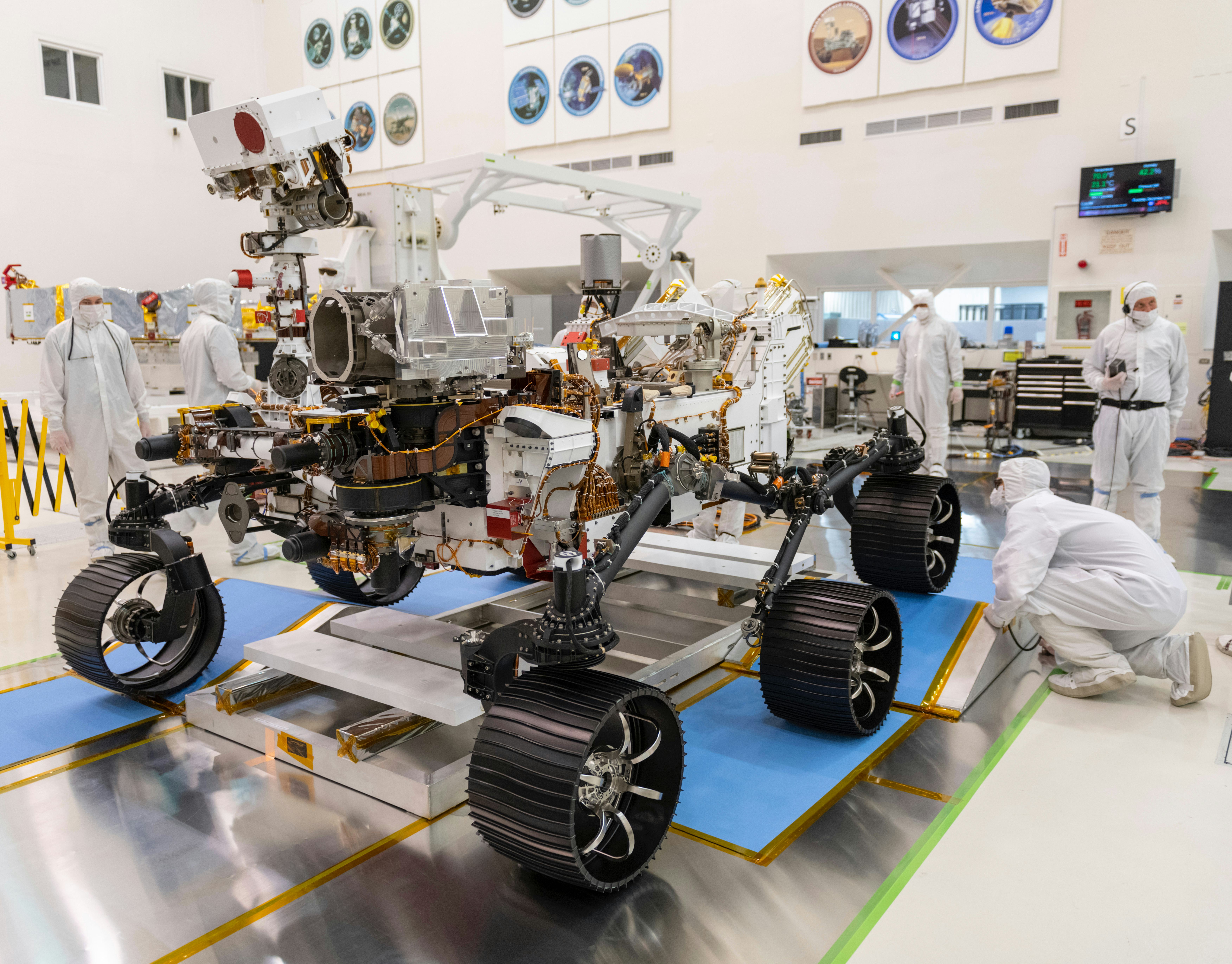 An image of the perseverance rover in the lab at NASA's Jet Propulsion Laboratory. 