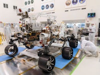 An image of the perseverance rover in the lab at NASA's Jet Propulsion Laboratory. 