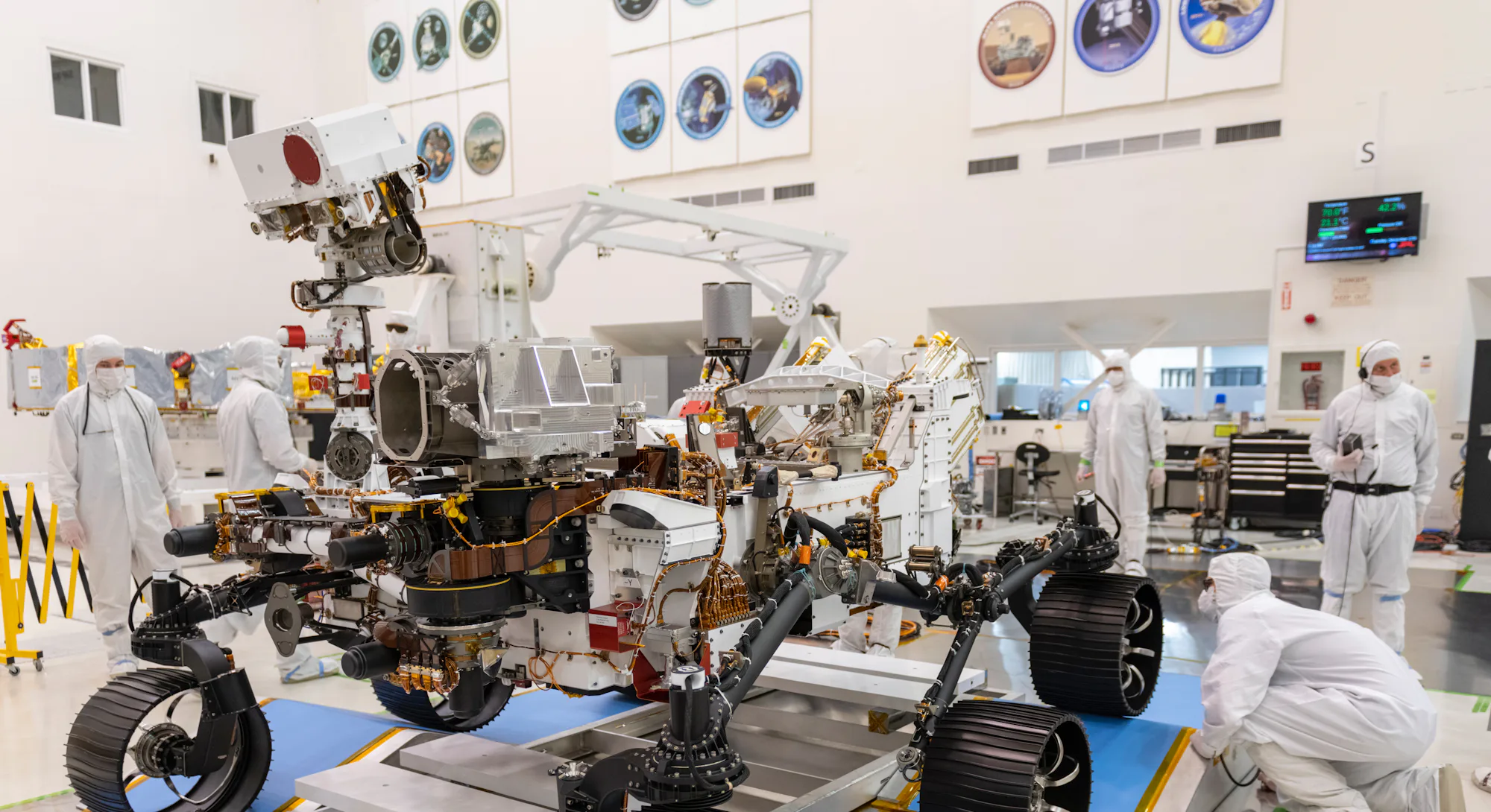 An image of the perseverance rover in the lab at NASA's Jet Propulsion Laboratory.