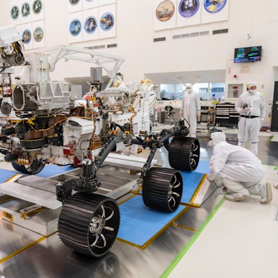 An image of the perseverance rover in the lab at NASA's Jet Propulsion Laboratory. 