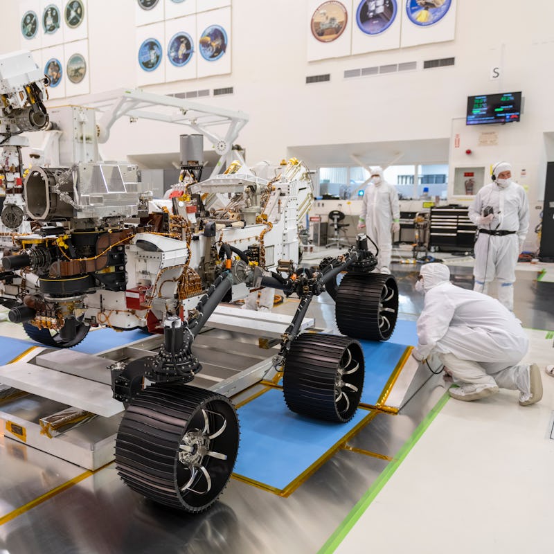 An image of the perseverance rover in the lab at NASA's Jet Propulsion Laboratory.