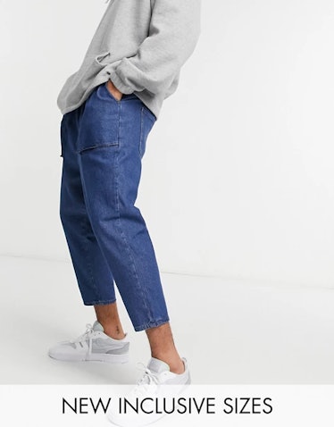 ASOS Design Lightweight Drop Crotch Jeans in Mid Blue