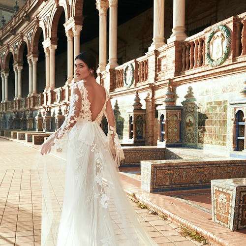 Model wearing a wedding dress from the Marchesa for Pronovias spring 2022 bridal collection.