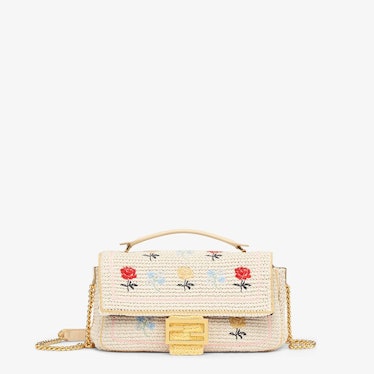 White Embroidered Cotton Baguette Bag