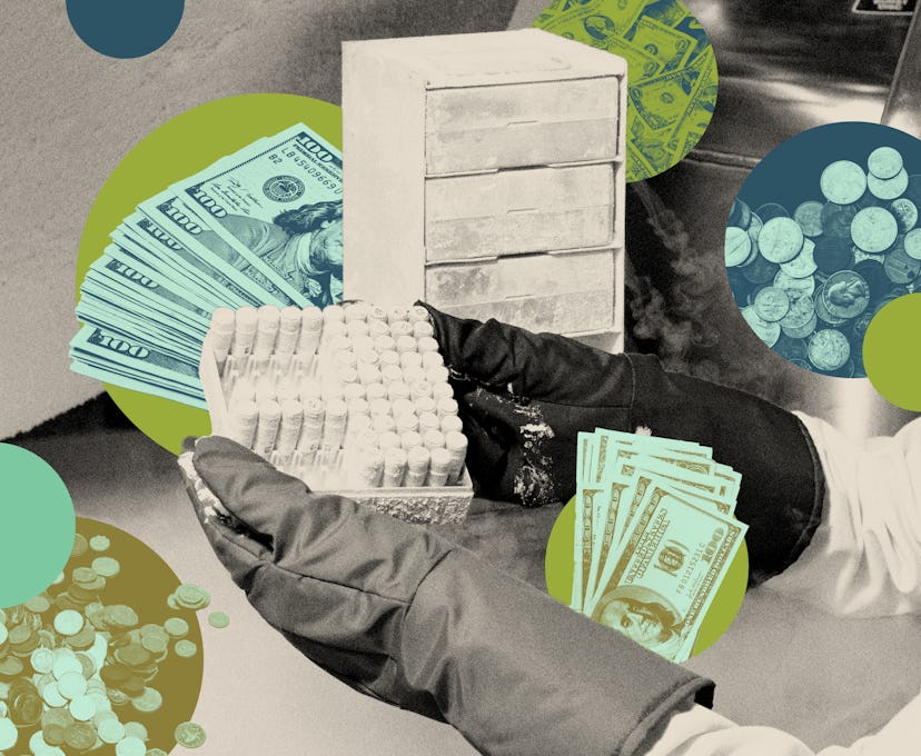Stacks of cash and pills used for egg donation. One woman paid off her student loans by donating her...
