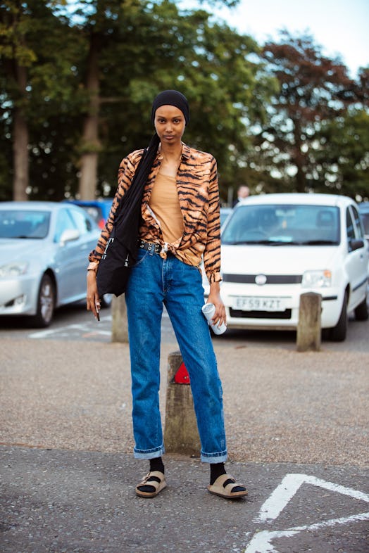 Model Ugbad Abdi wearing Birkenstocks during London Fashion Week. 