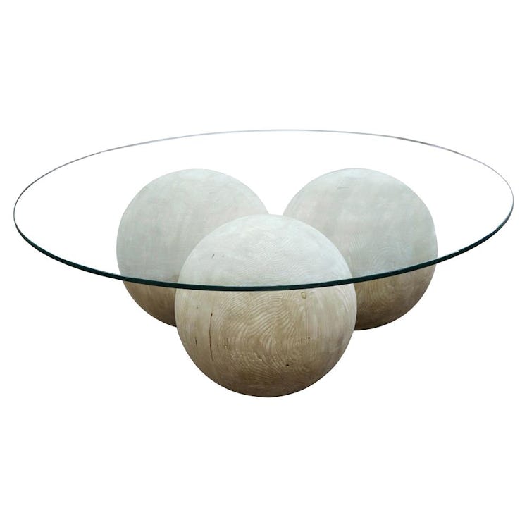 Valerie Modern Rustic Round Glass Top Reclaimed Wood Sphere Round Coffee Table