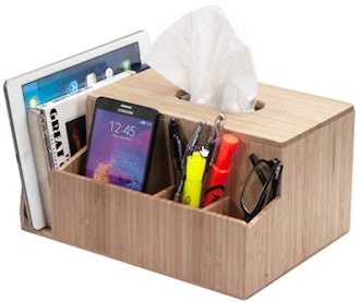 MobileVision Bamboo Tissue Box Holder & Tablet Stand Organizer