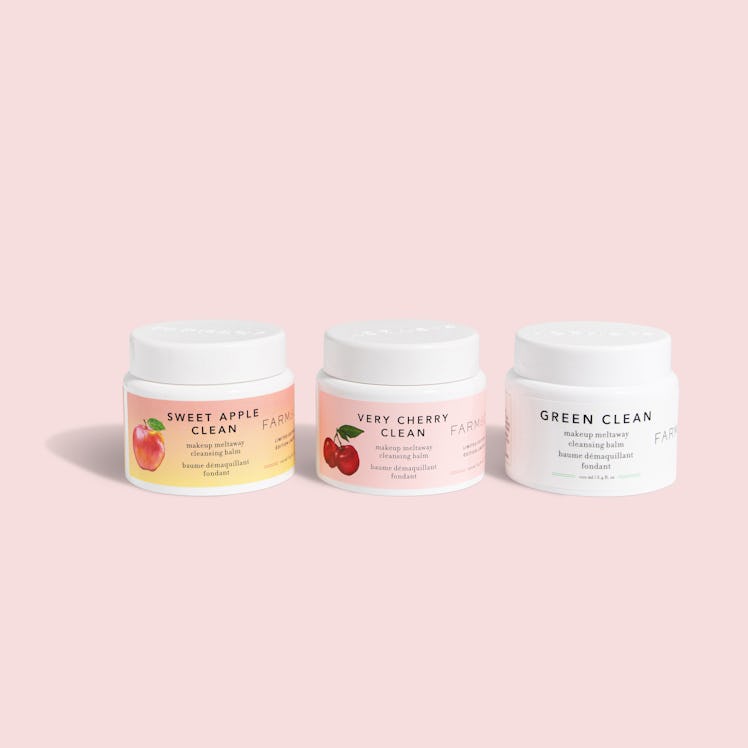 Farmacy's Sweet Apple, Very Cherry, and Green Clean Makeup Meltaway Cleansing Balms.
