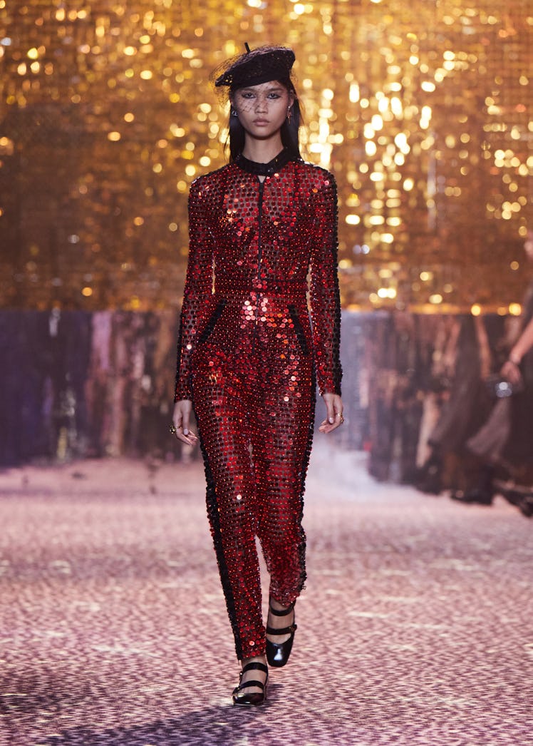 Model in a red sequined bodysuit from Christian Dior's pre-fall 2021 collection