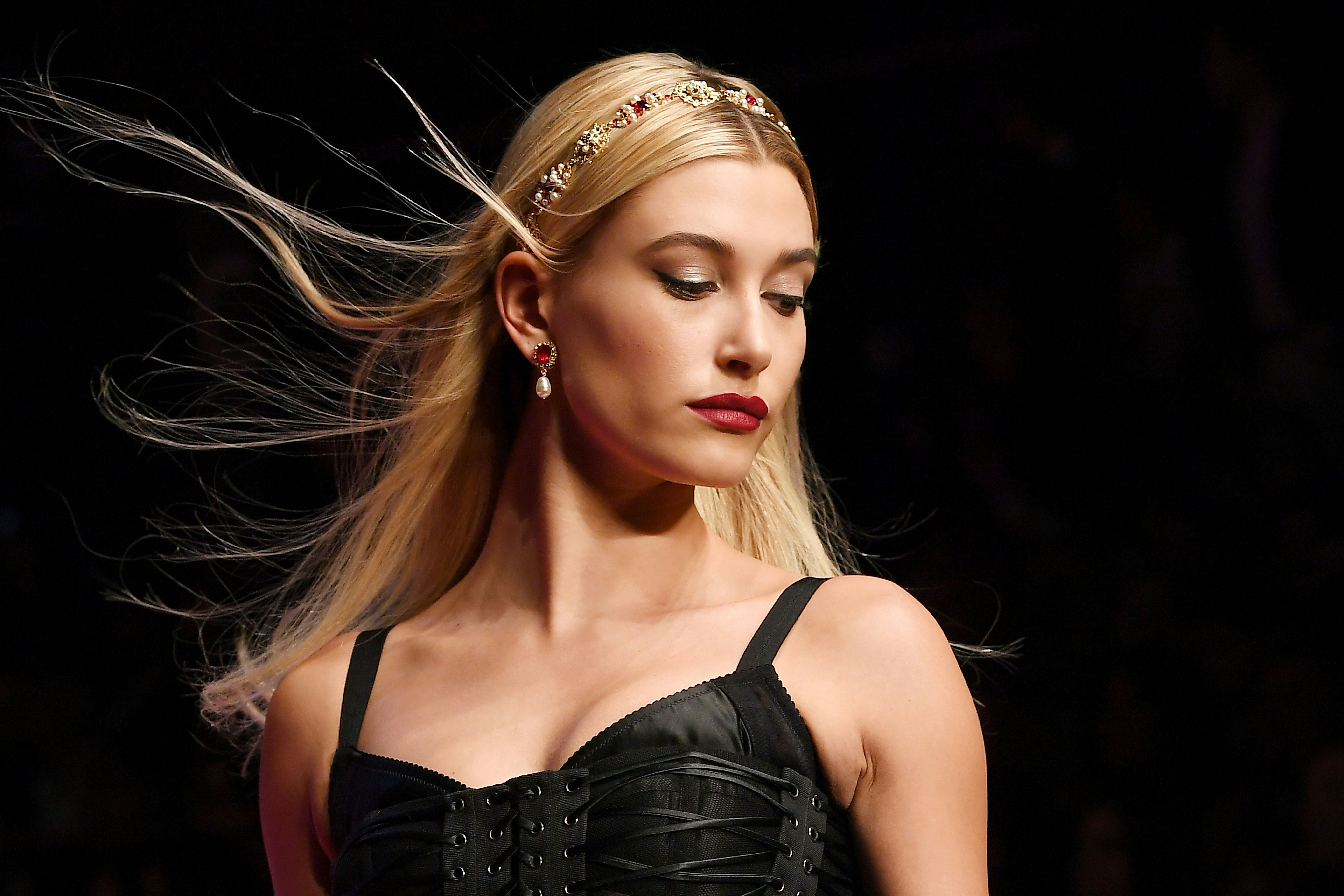 Hailey Baldwin walks the runway at the Dolce & Gabbana show during Milan Fashion Week Spring/Summer ...