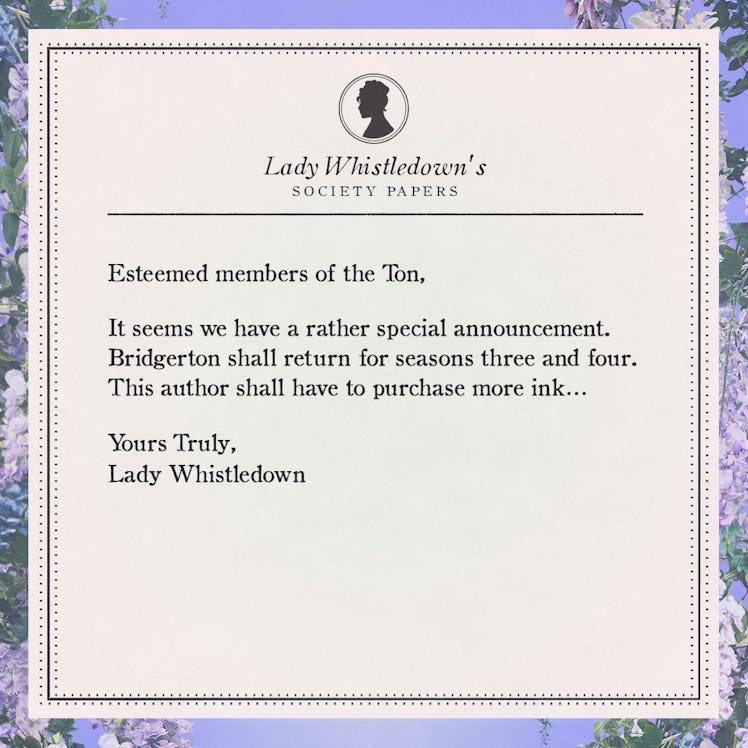 Lady Whistledown missive confirming Bridgerton Seasons 3 and 4 