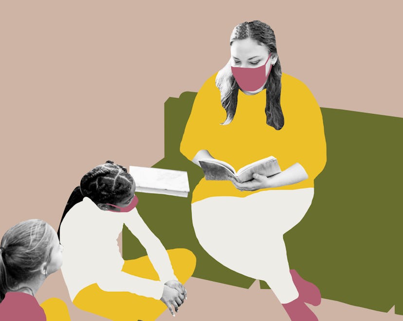 Shot of a teacher reading to a group of children in a school library post-pandemic