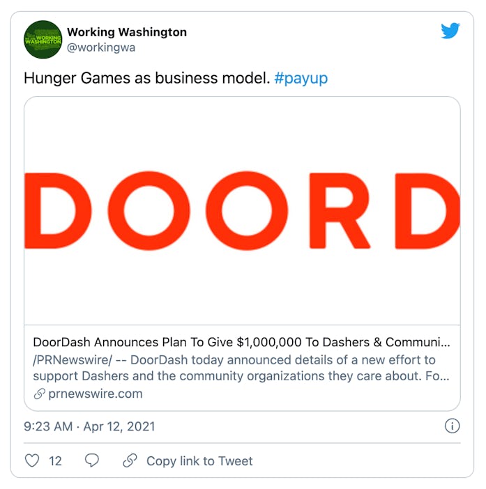 Workers rights group Working Washington called a DoorDash competition, "Hunger Games as a business m...