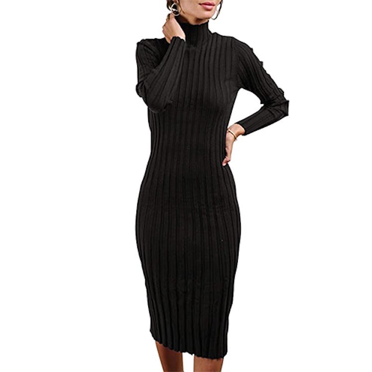 MEROKEETY Ribbed Long Sleeve High Neck Midi Dress