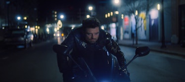 Sebastian Stan as Bucky Barnes on a motorcycle in Marvel's The Falcon and the Winter Soldier