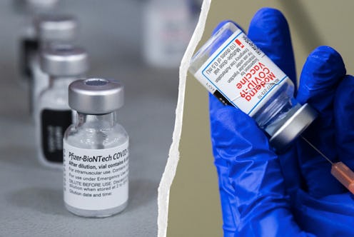 Side by side comparisons of Moderna and Pfizer COVID vaccine bottles. Memes about getting the same C...