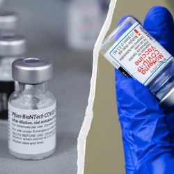 Side by side comparisons of Moderna and Pfizer COVID vaccine bottles. Memes about getting the same C...
