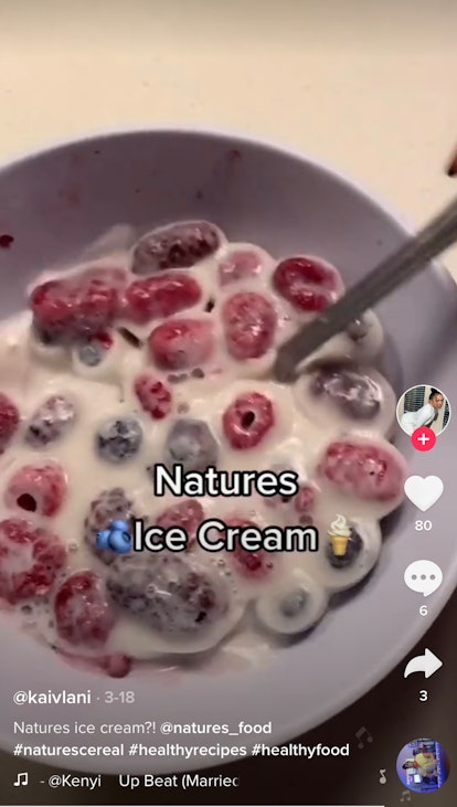 A TikTok mixes together some frozen fruit and milk to make "nature's cereal" ice cream. 