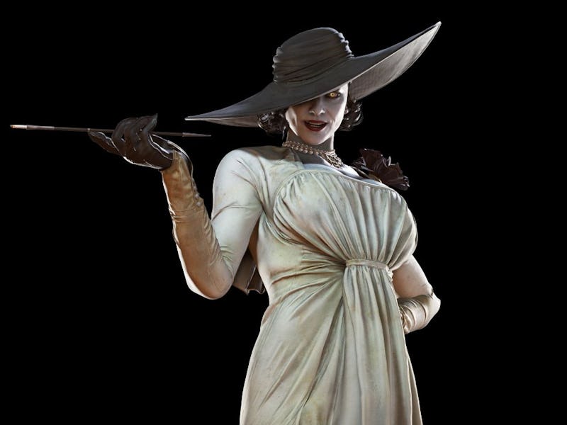 Character model of Lady Dimitrescu wearing a white dress while smoking a black cigarette