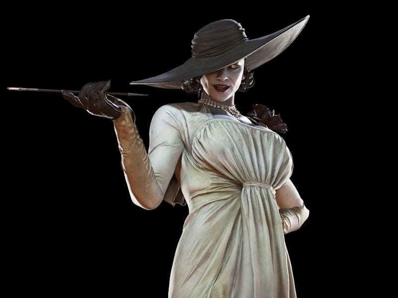Character model of Lady Dimitrescu wearing a white dress while smoking a black cigarette 