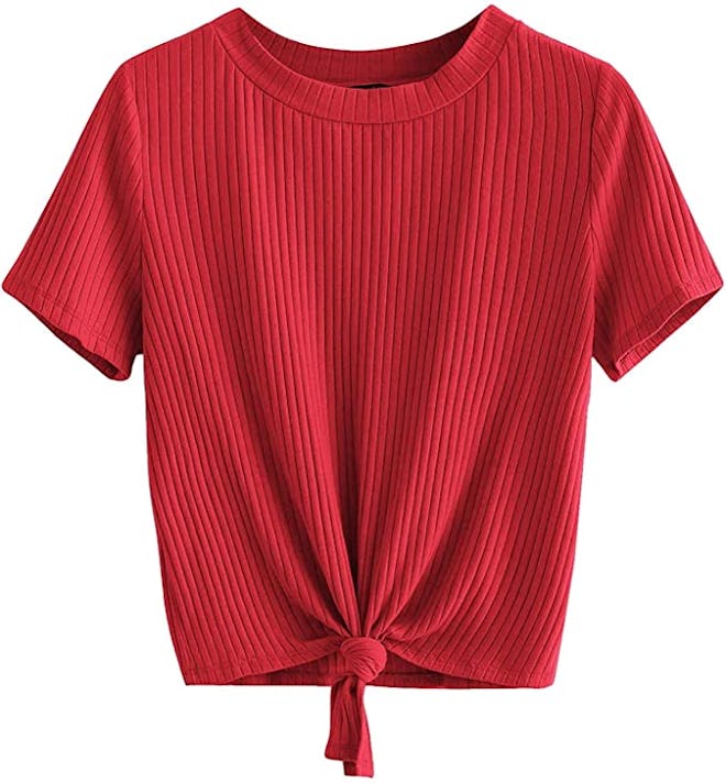 Romwe Knot-Front Ribbed T-Shirt