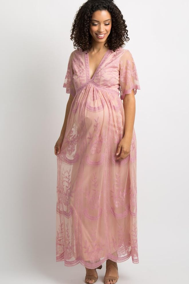 Lace Mesh Overlay Maternity Maxi Dress
