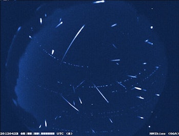 Composite image of Lyrid and not-Lyrid meteors over New Mexico from April, 2012.
