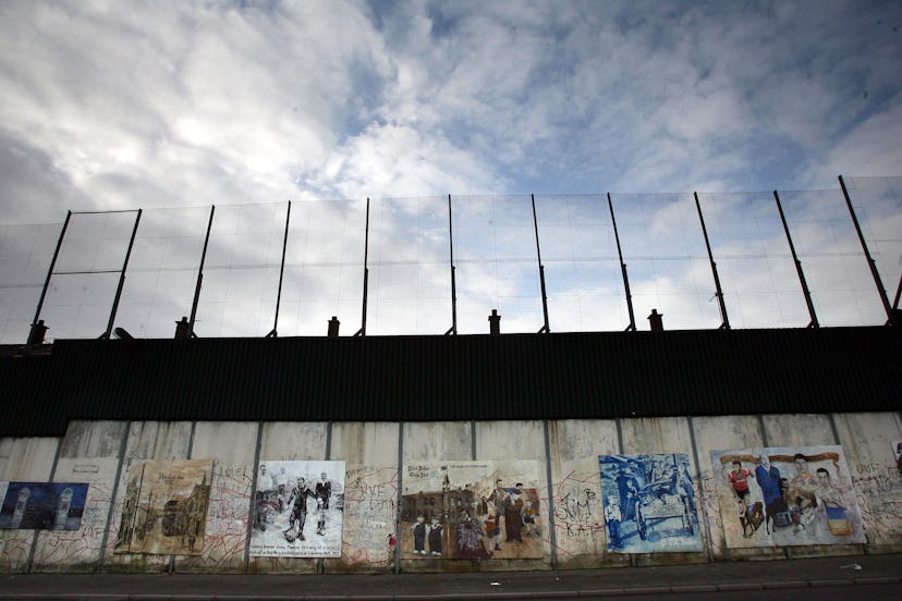 The "Peace Line" fence, which stretches between the Catholic and Protestant areas of West Belfast, N...