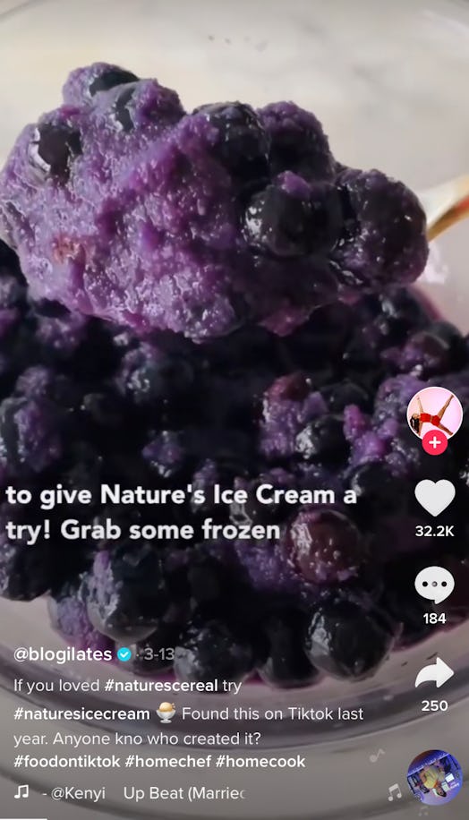 A bowl of "nature's cereal" ice cream from TikTok sits on a kitchen counter. 