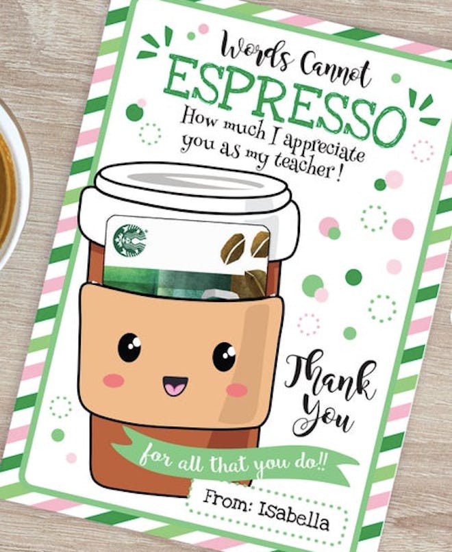 CLOVEemporium Printable Coffee Gift Card is a great teacher appreciation card