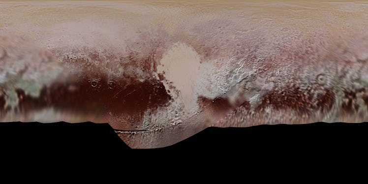 This new, detailed global mosaic color map of Pluto is based on a series of three color filter image...