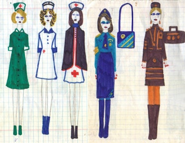 An illustration of five models wearing medical-themed outfits by Alber Elbaz
