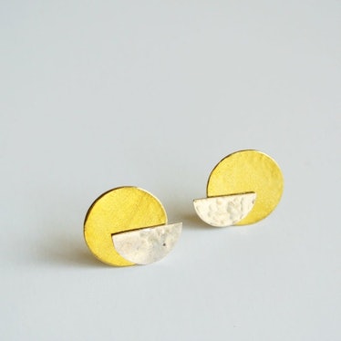 Half Moon Sterling Silver Stud with Gold Brass Disc Ear Jacket Earring - Art Deco