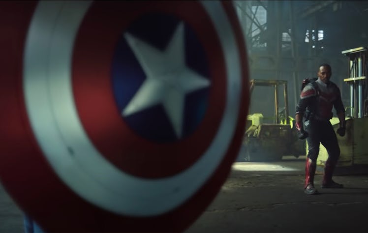 Captain America shield and Sam Wilson in The Falcon and the Winter Soldier Episode 5